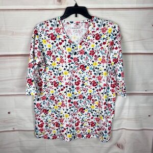 Woman Within Top Womens 14W 16W Floral T-Shirt V-Neck Tunic‎ 3/4 Sleeve Cotton